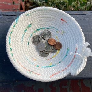 Handmade Cotton Rope Basket with orange/yellow and teal colors added.